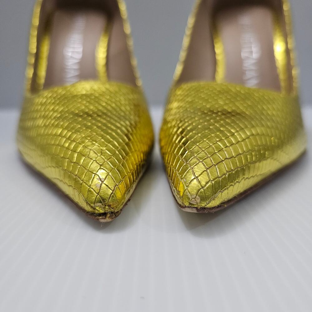 Stuart Weitzman Metallic Yellow Snakeskin Pointed-Toe Pumps - Picture 5 of 16